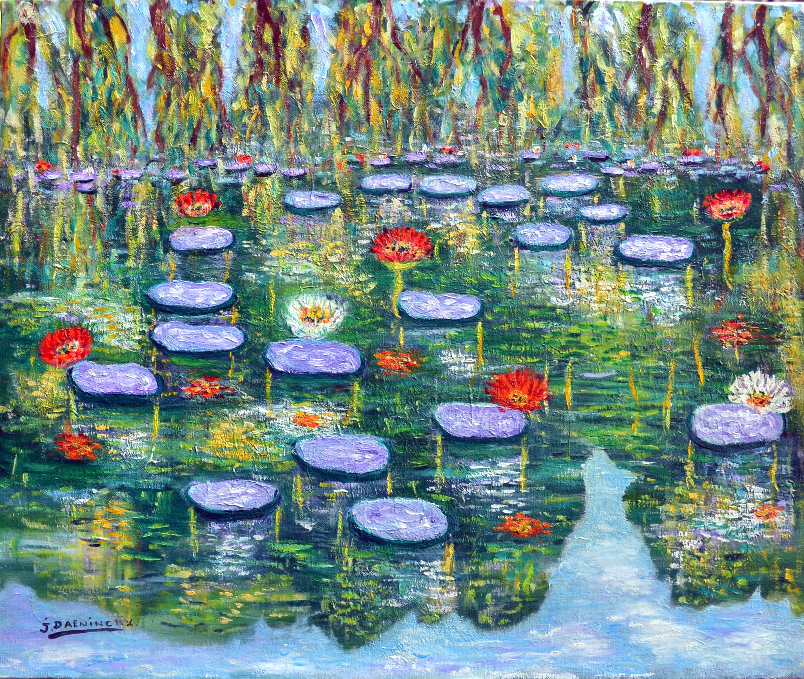 Nénuphars et fleurs rouges